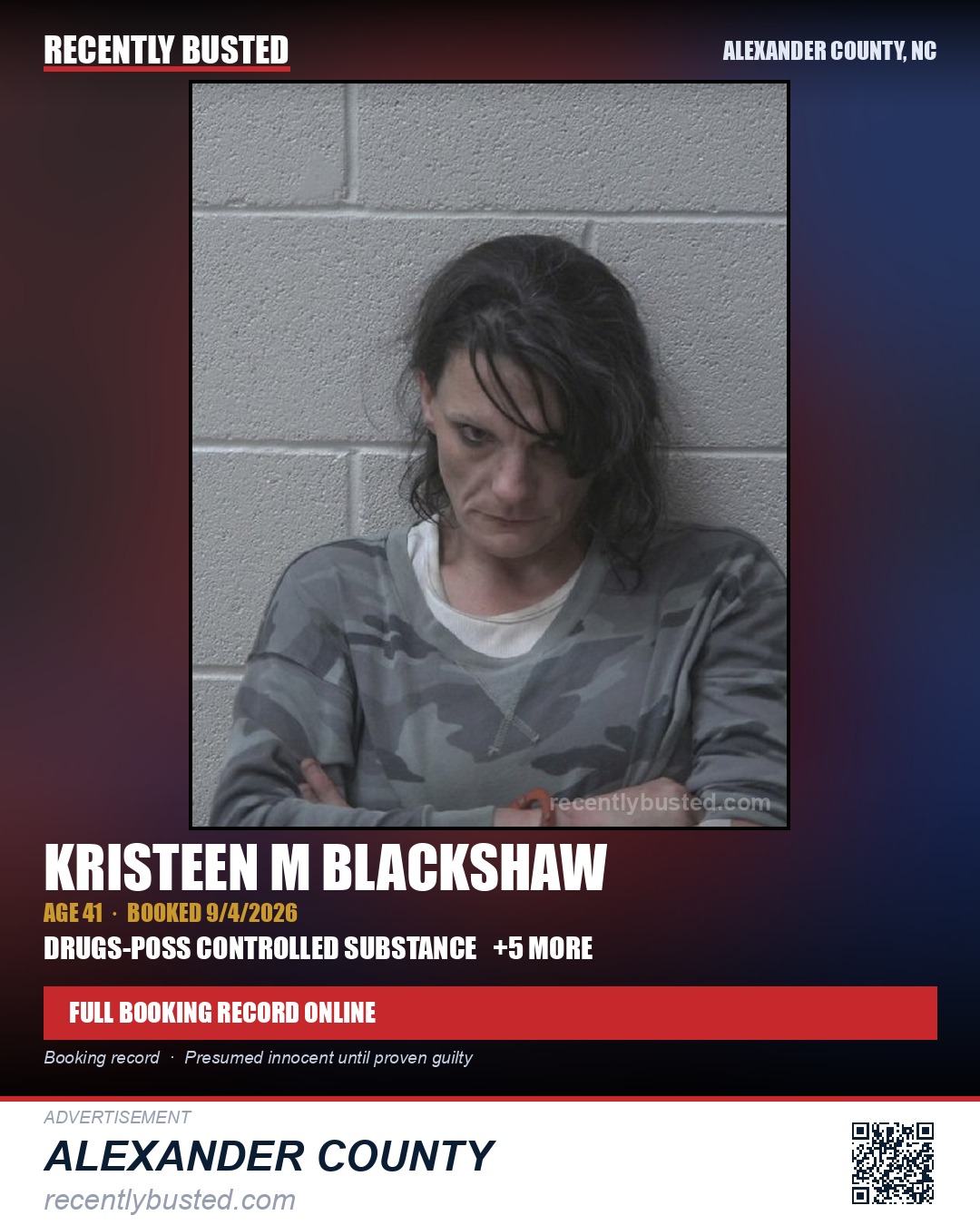 KRISTEEN M BLACKSHAW — arrest record card, Alexander County, North Carolina