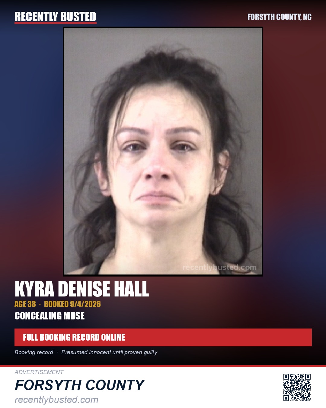 KYRA DENISE HALL — arrest record card, Forsyth County, North Carolina