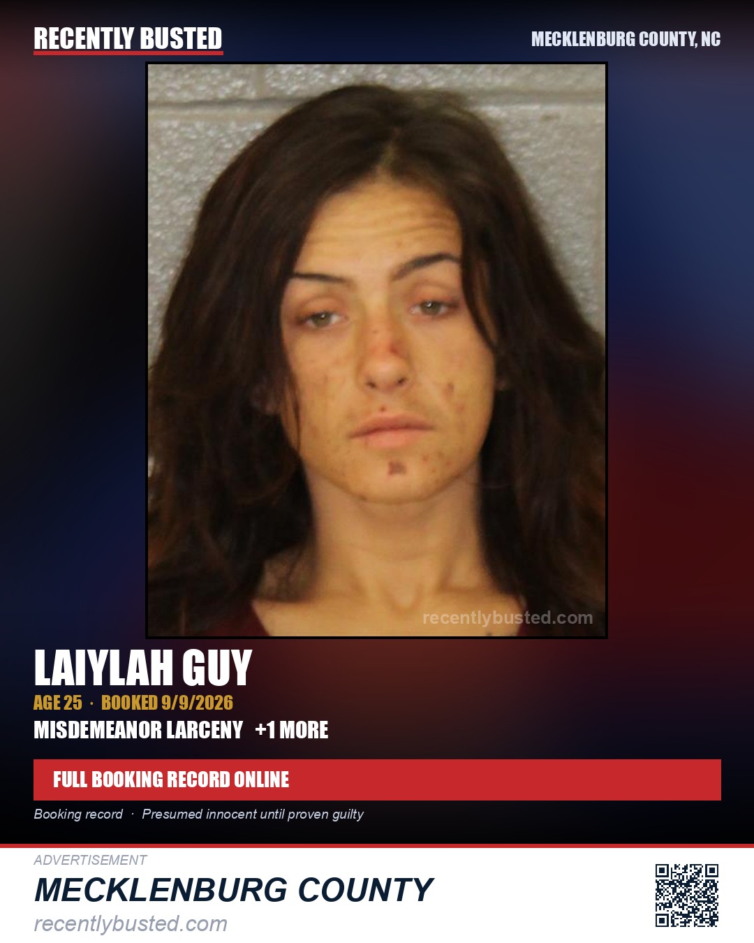 LAIYLAH GUY — arrest record card, Mecklenburg County, North Carolina