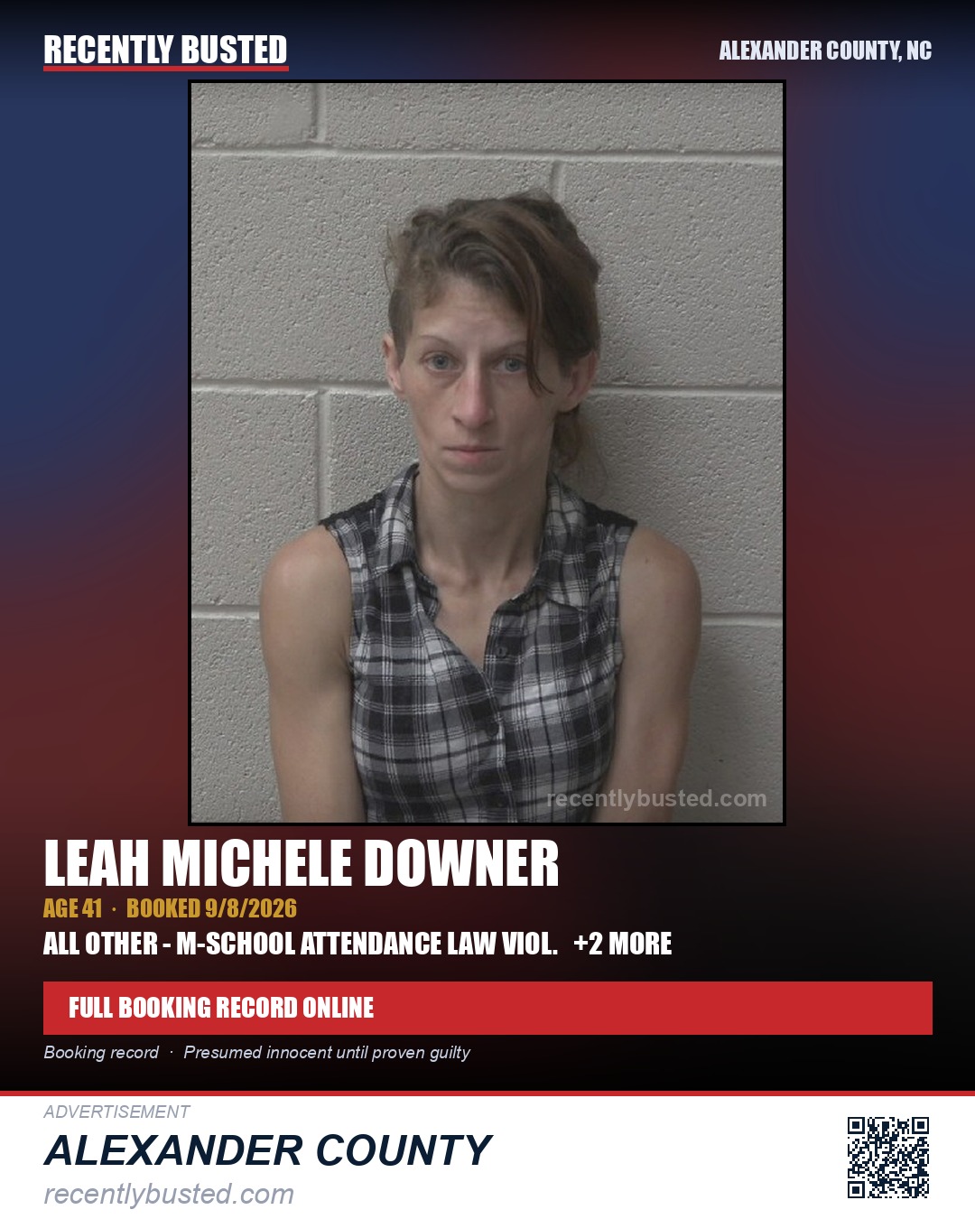 LEAH MICHELE DOWNER — arrest record card, Alexander County, North Carolina