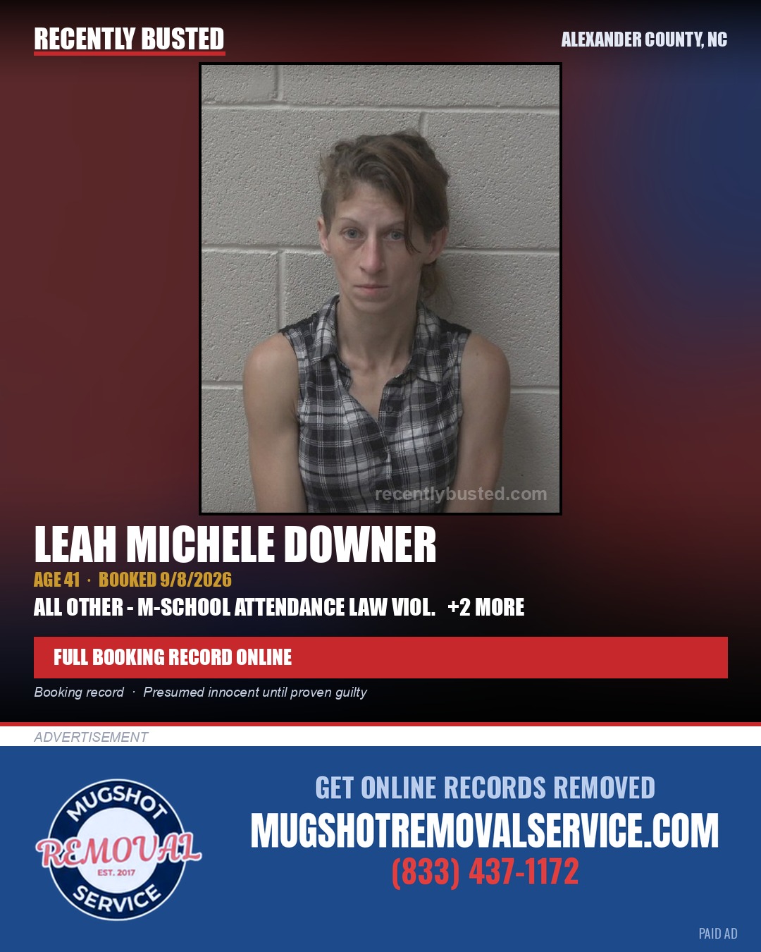 LEAH MICHELE DOWNER — arrest record card, Alexander County, North Carolina