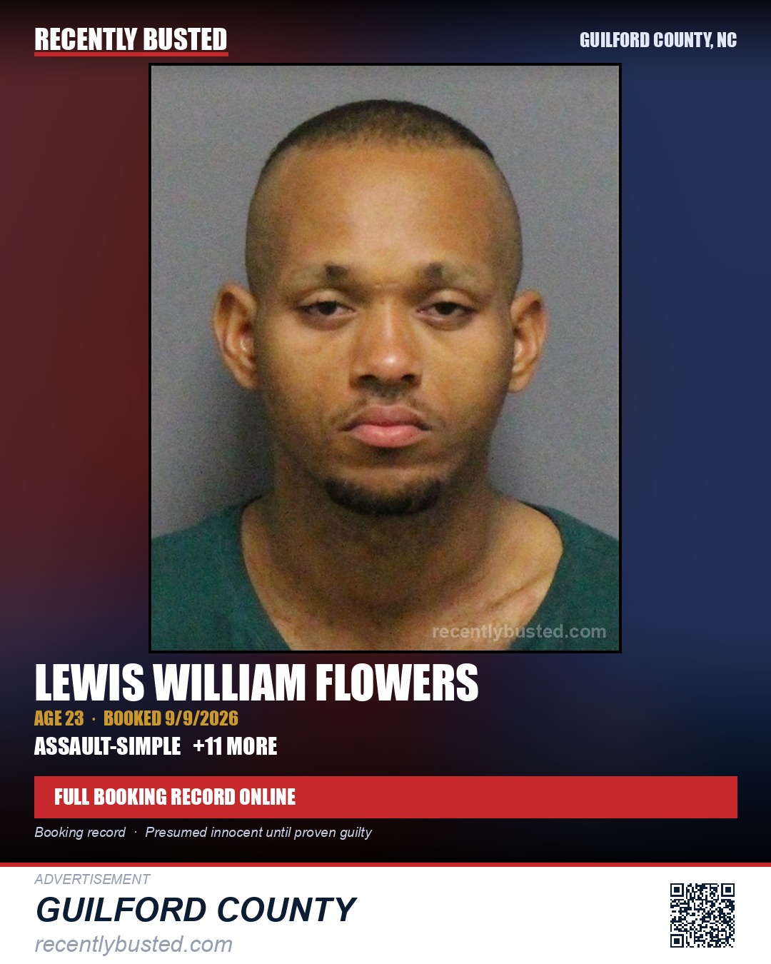LEWIS WILLIAM FLOWERS — arrest record card, Guilford County, North Carolina