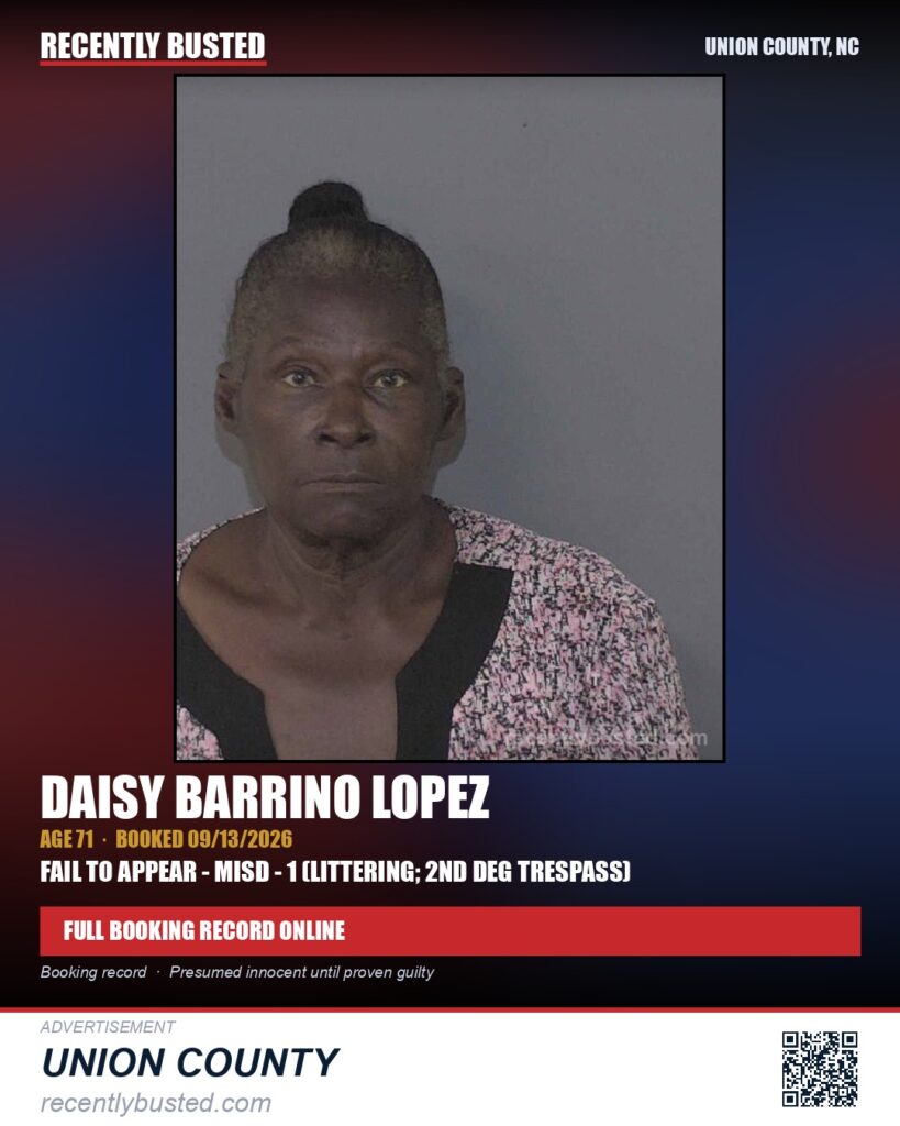 LOPEZ, DAISY BARRINO — arrest record card, Union County, North Carolina