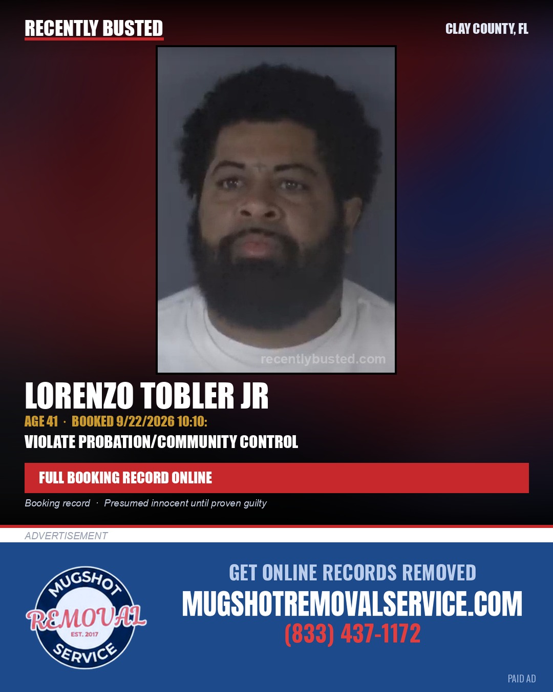 LORENZO TOBLER JR — arrest record card, Clay County, Florida