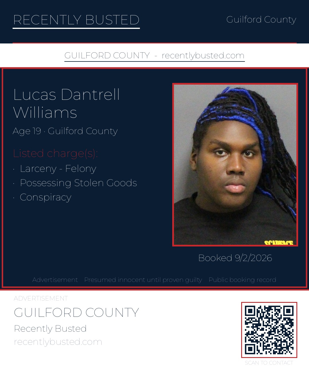 LUCAS DANTRELL WILLIAMS — arrest record card, Guilford County, North Carolina