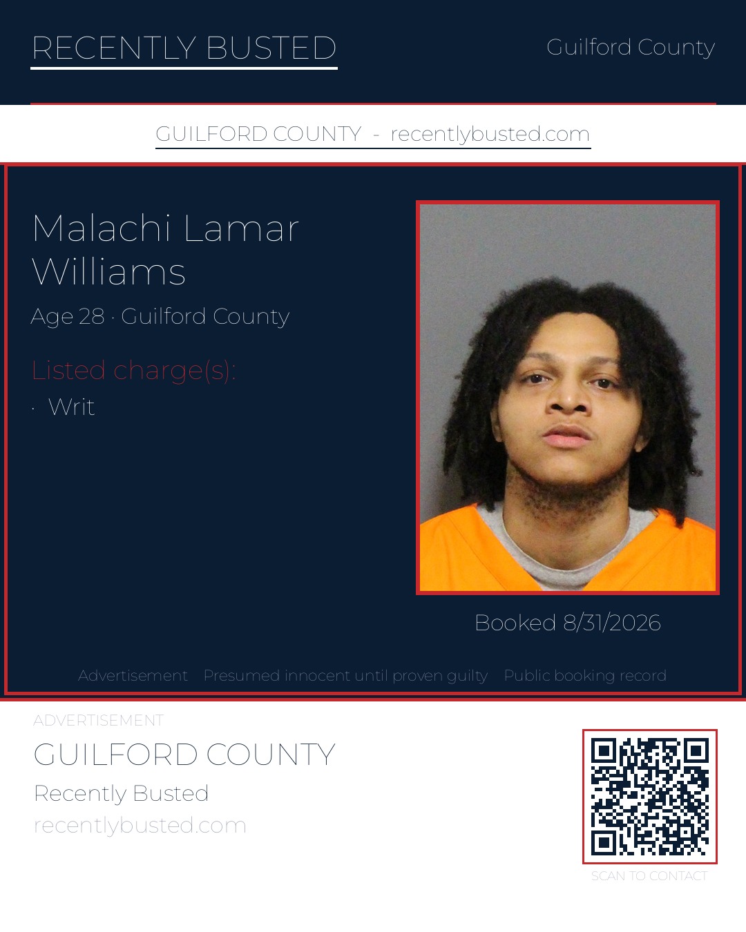 MALACHI LAMAR WILLIAMS — arrest record card, Guilford County, North Carolina
