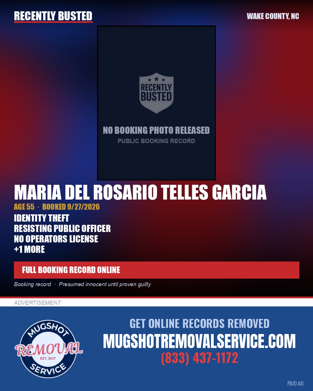 MARIA DEL ROSARIO TELLES GARCIA — arrest record card, Wake County, North Carolina
