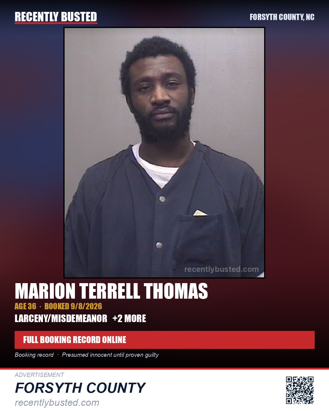 MARION TERRELL THOMAS — arrest record card, Forsyth County, North Carolina