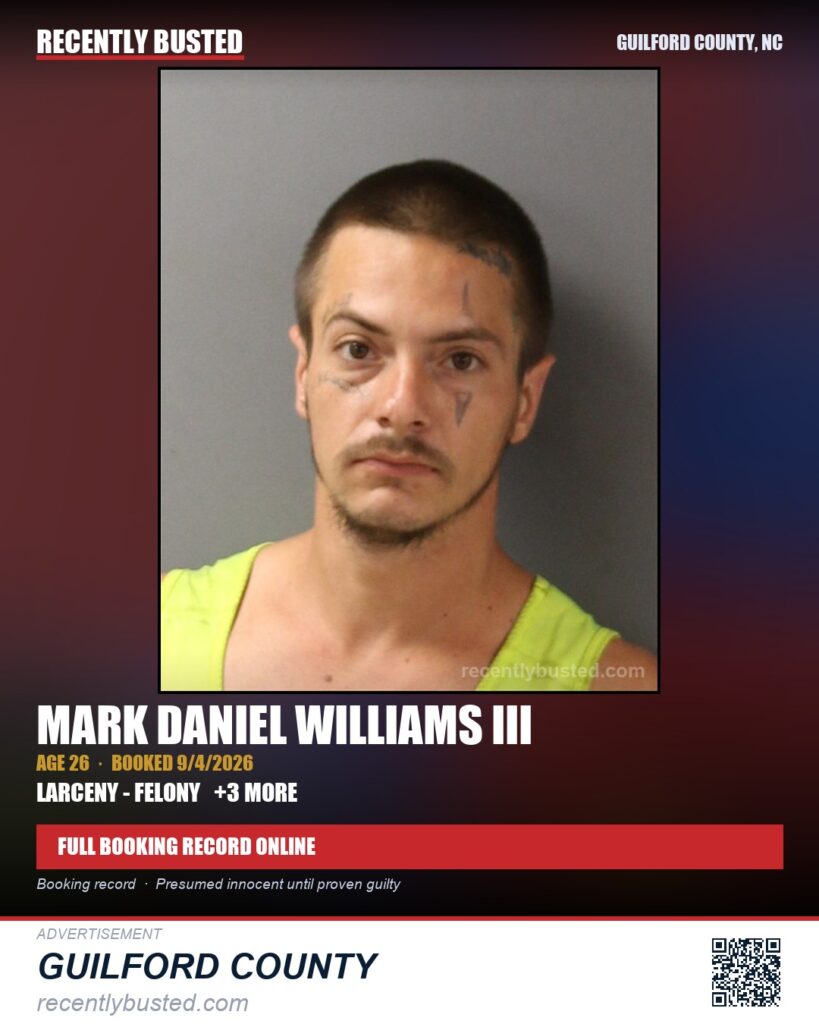 MARK DANIEL WILLIAMS III — arrest record card, Guilford County, North Carolina