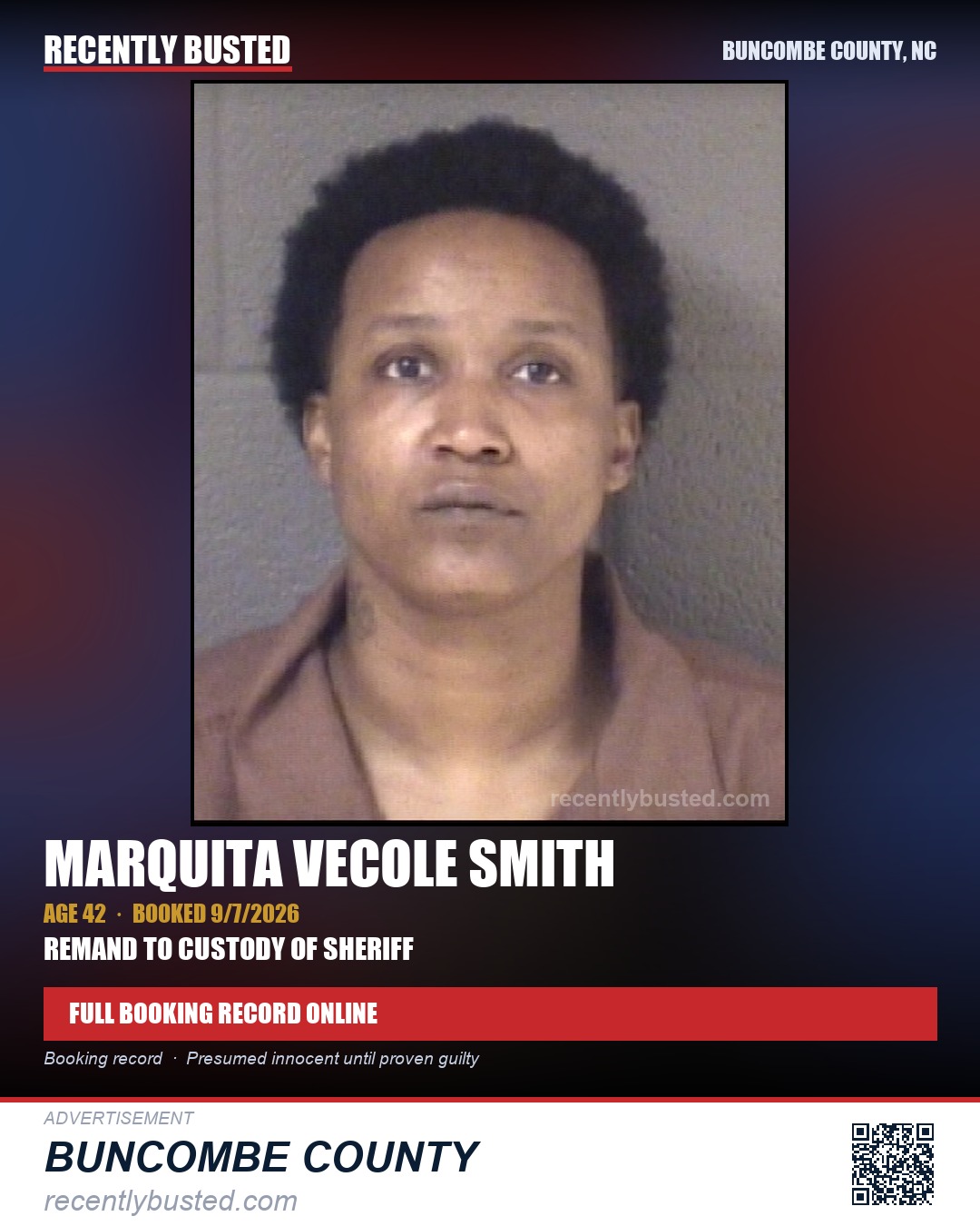 MARQUITA VECOLE SMITH — arrest record card, Buncombe County, North Carolina
