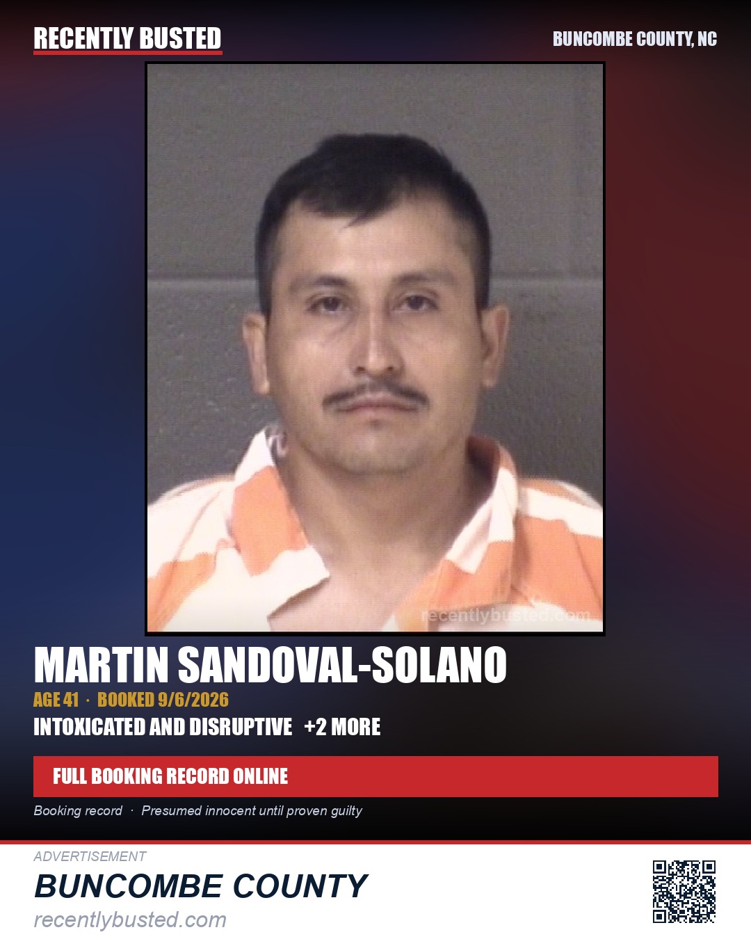 MARTIN SANDOVAL-SOLANO — arrest record card, Buncombe County, North Carolina