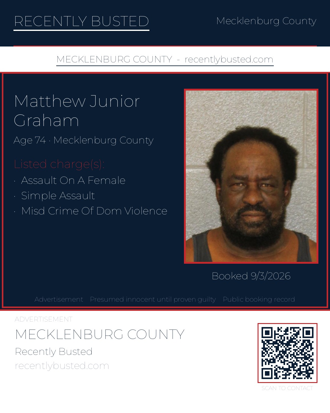 MATTHEW JUNIOR GRAHAM — arrest record card, Mecklenburg County, North Carolina