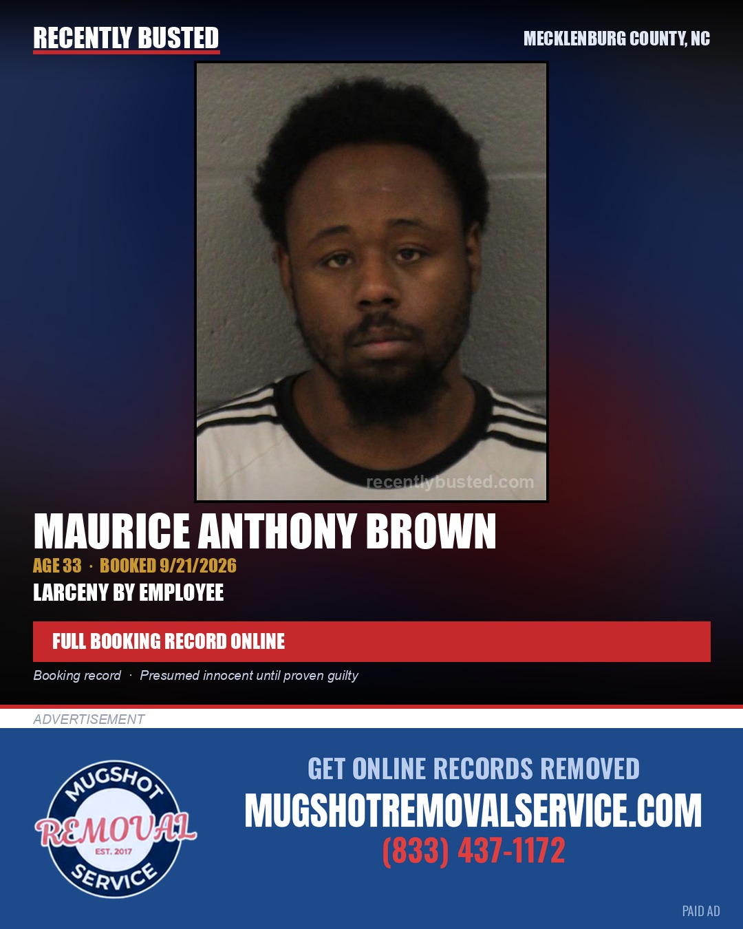 MAURICE ANTHONY BROWN — arrest record card, Mecklenburg County, North Carolina