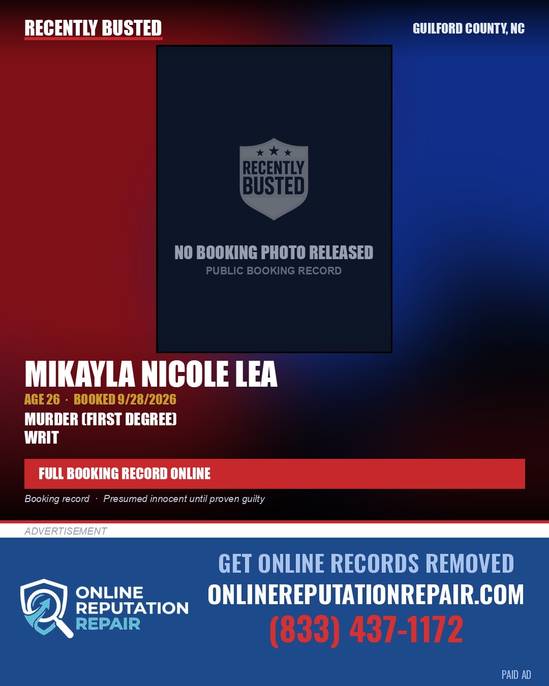 MIKAYLA NICOLE LEA — arrest record card, Guilford County, North Carolina