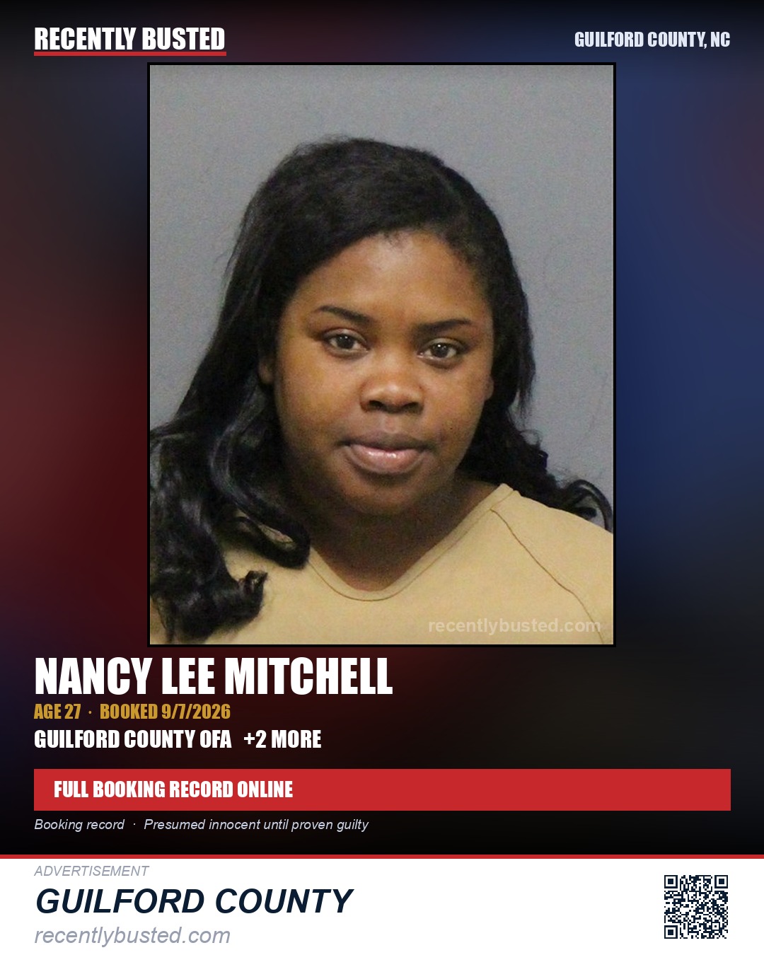 NANCY LEE MITCHELL — arrest record card, Guilford County, North Carolina