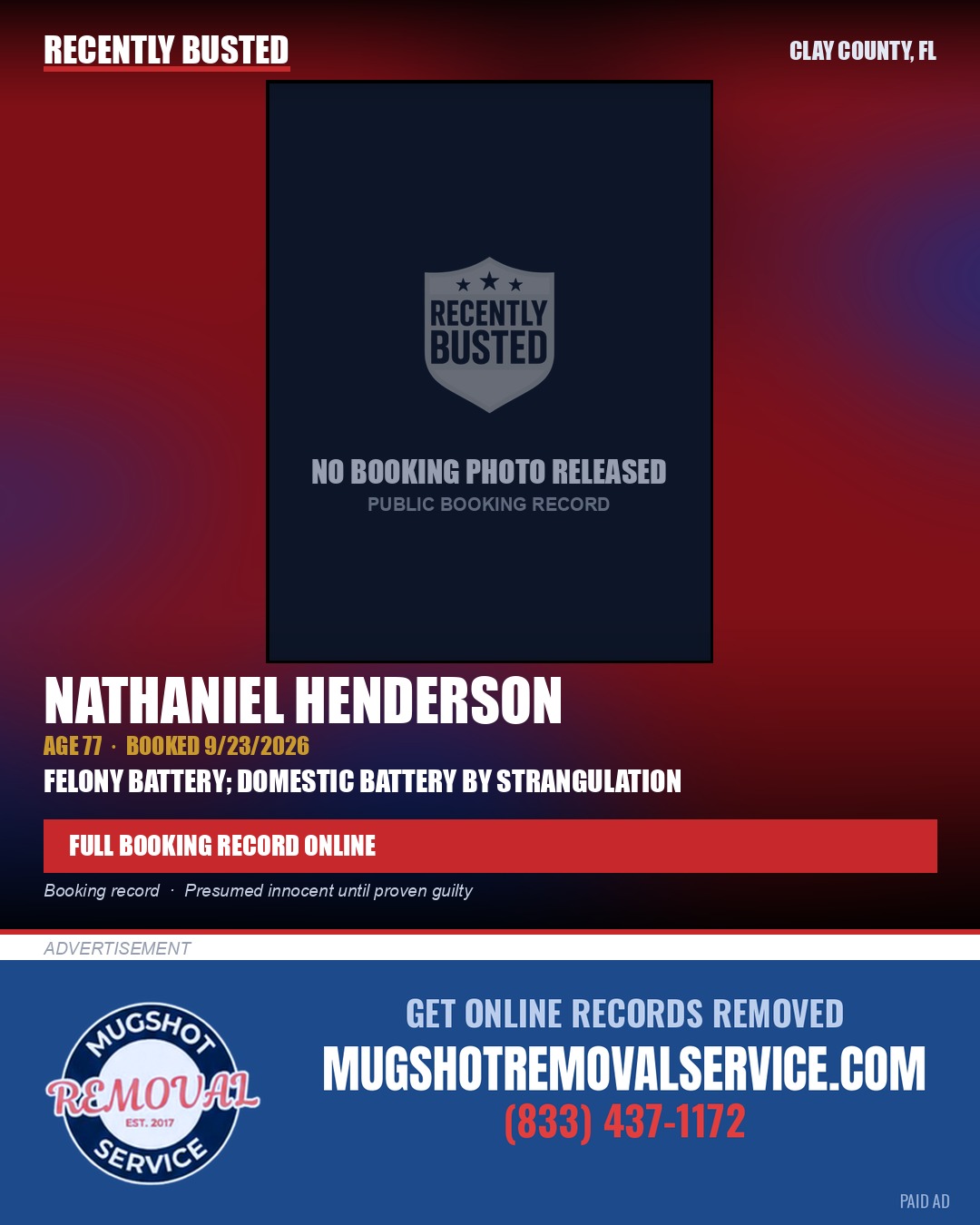 NATHANIEL HENDERSON — arrest record card, Clay County, Florida