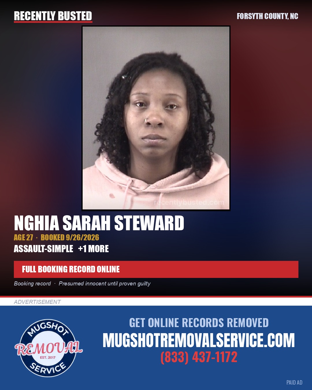 NGHIA SARAH STEWARD — arrest record card, Forsyth County, North Carolina