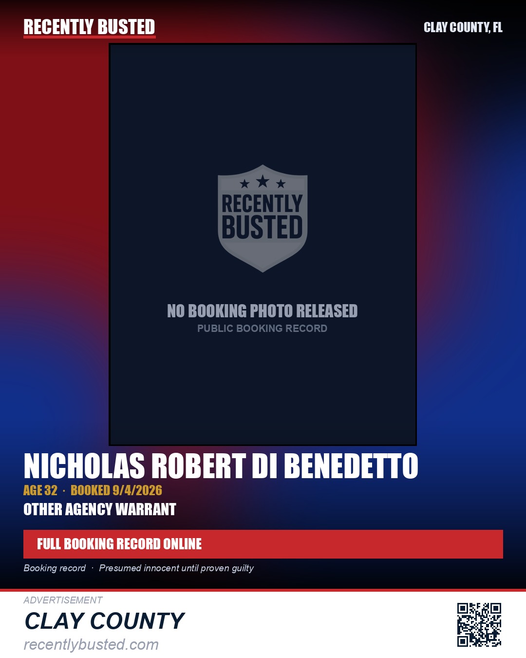 NICHOLAS ROBERT DI BENEDETTO — arrest record card, Clay County, Florida