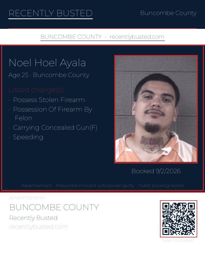 NOEL HOEL AYALA — arrest record card, Buncombe County, North Carolina