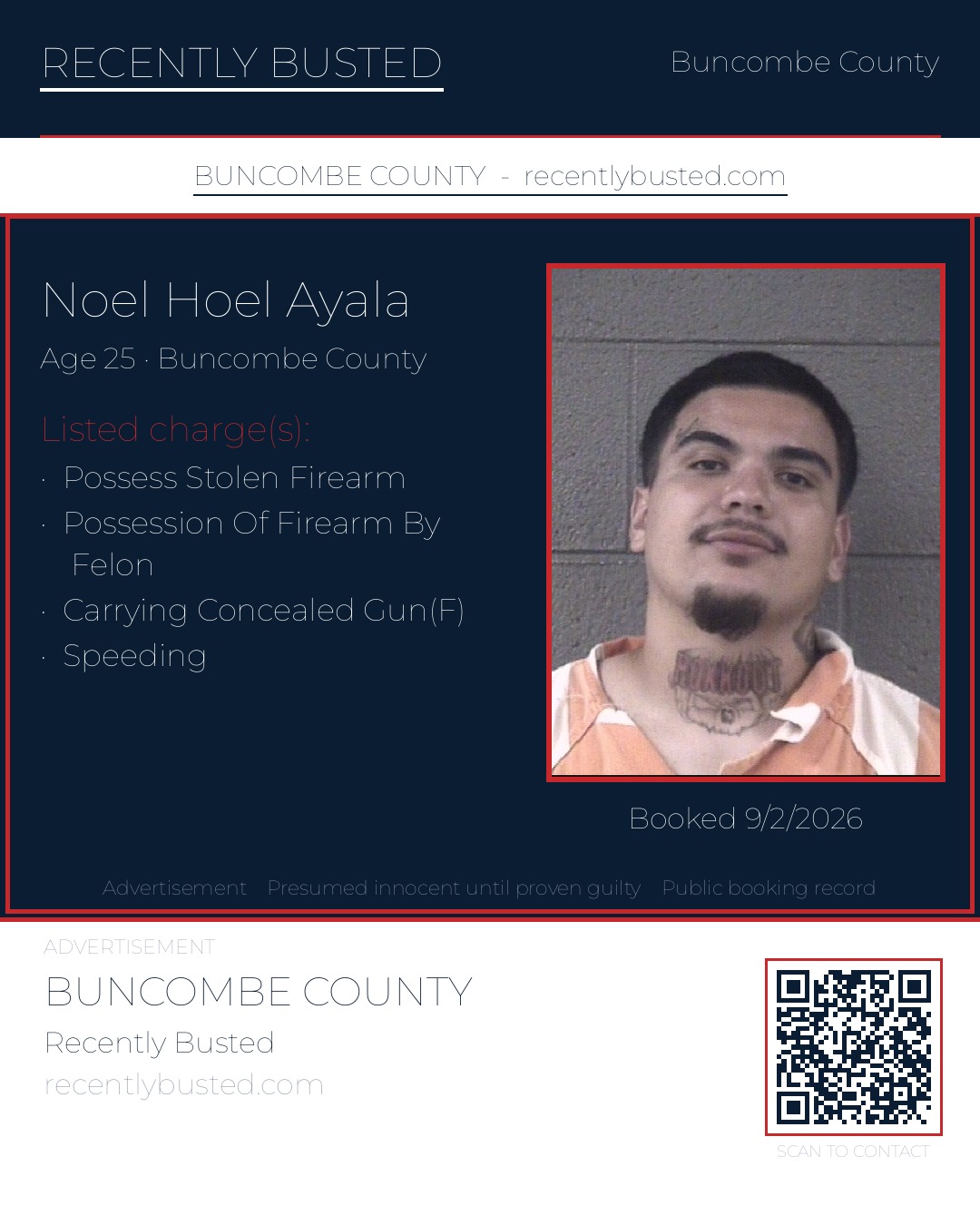 NOEL HOEL AYALA — arrest record card, Buncombe County, North Carolina