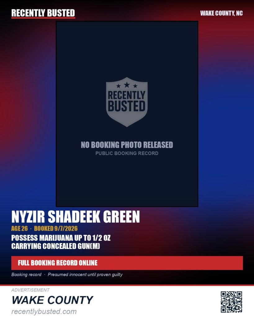 NYZIR SHADEEK GREEN — arrest record card, Wake County, North Carolina