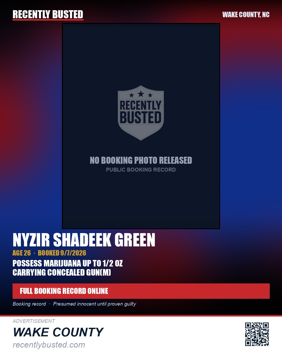 NYZIR SHADEEK GREEN — arrest record card, Wake County, North Carolina