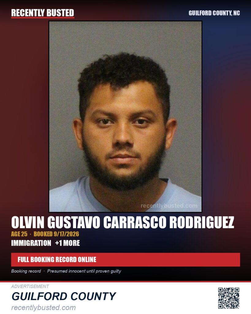 OLVIN GUSTAVO CARRASCO RODRIGUEZ — arrest record card, Guilford County, North Carolina