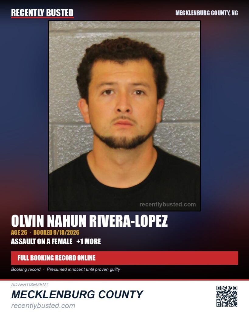 OLVIN NAHUN RIVERA-LOPEZ — arrest record card, Mecklenburg County, North Carolina