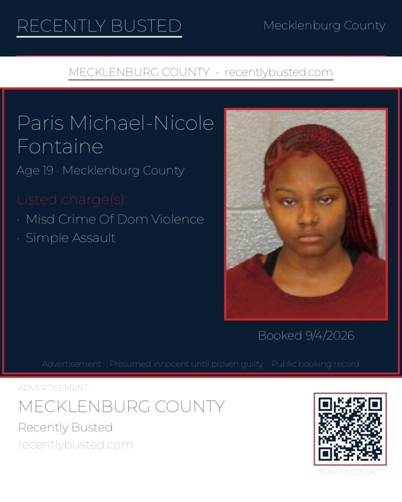 PARIS MICHAEL-NICOLE FONTAINE — arrest record card, Mecklenburg County, North Carolina