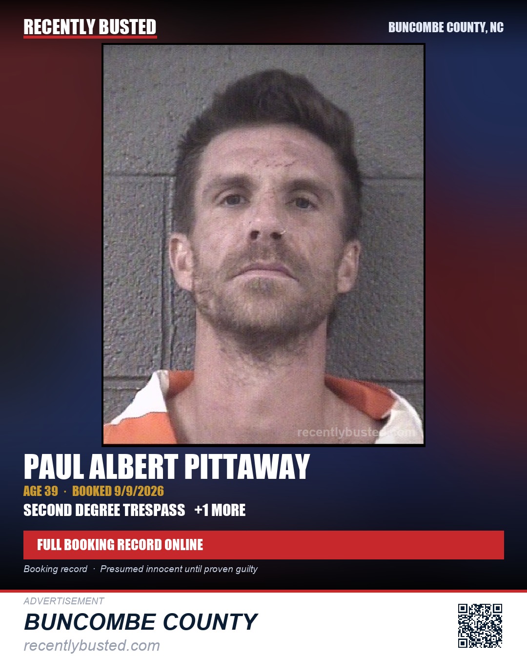 PAUL ALBERT PITTAWAY — arrest record card, Buncombe County, North Carolina
