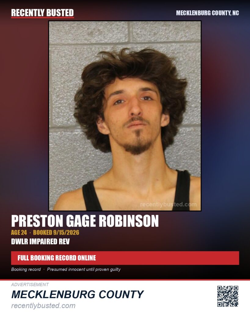 PRESTON GAGE ROBINSON — arrest record card, Mecklenburg County, North Carolina