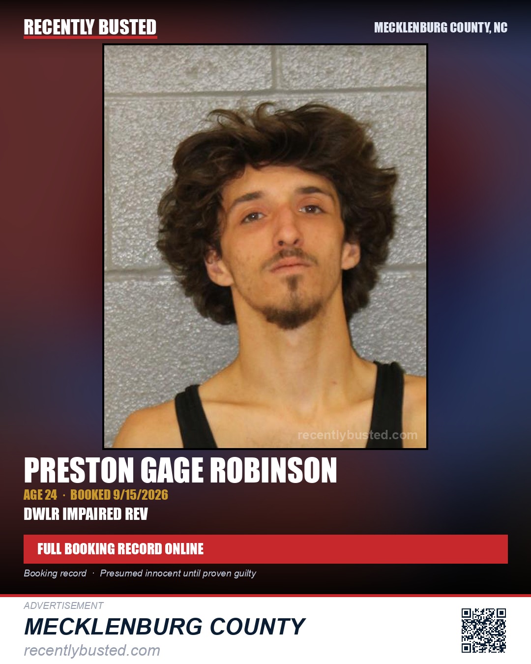 PRESTON GAGE ROBINSON — arrest record card, Mecklenburg County, North Carolina