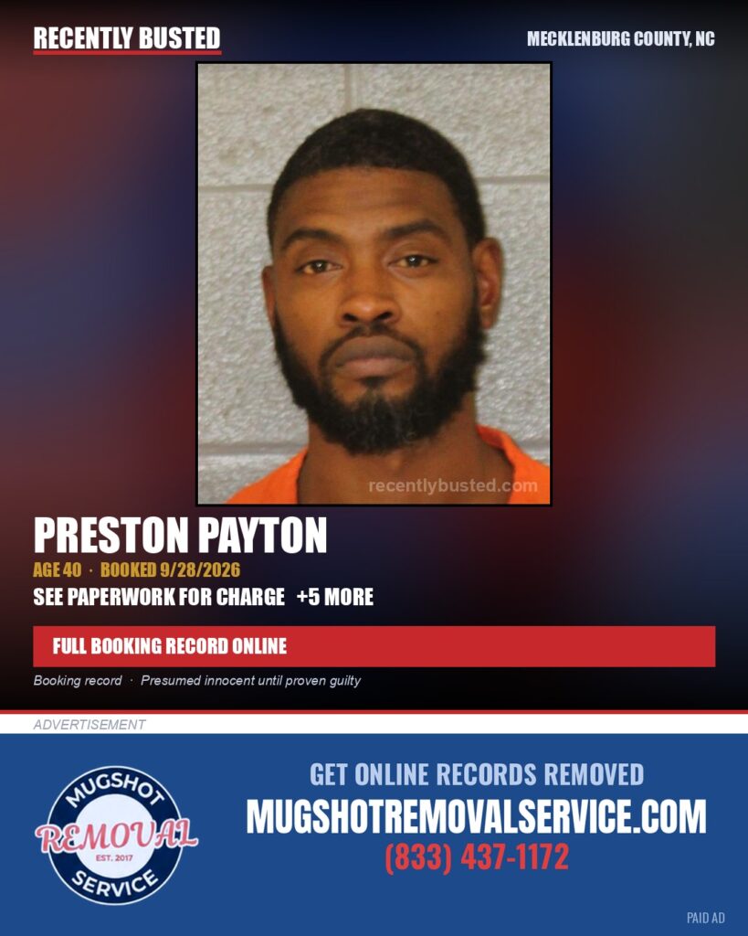 PRESTON PAYTON — arrest record card, Mecklenburg County, North Carolina