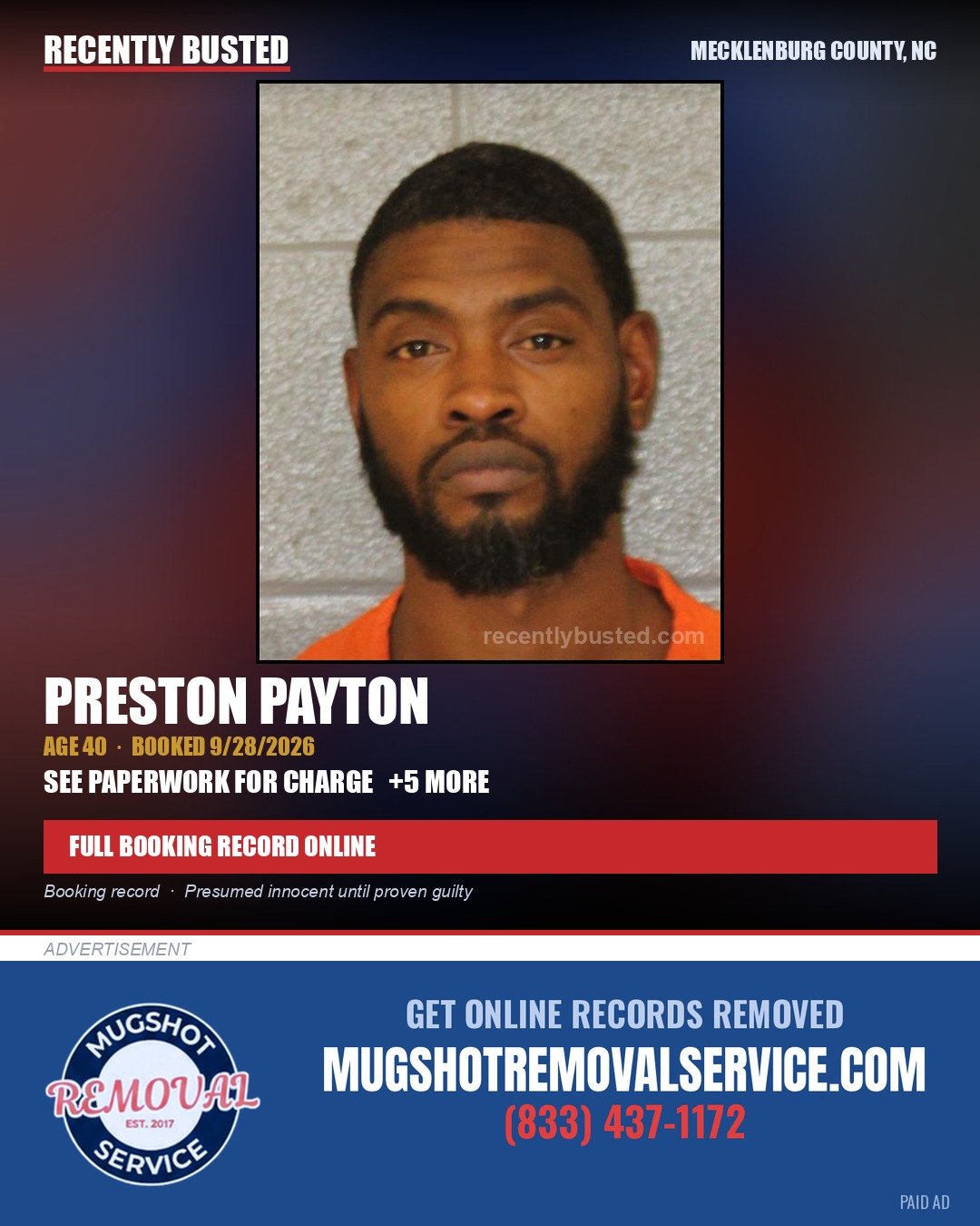PRESTON PAYTON — arrest record card, Mecklenburg County, North Carolina