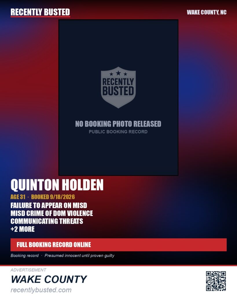 QUINTON HOLDEN — arrest record card, Wake County, North Carolina