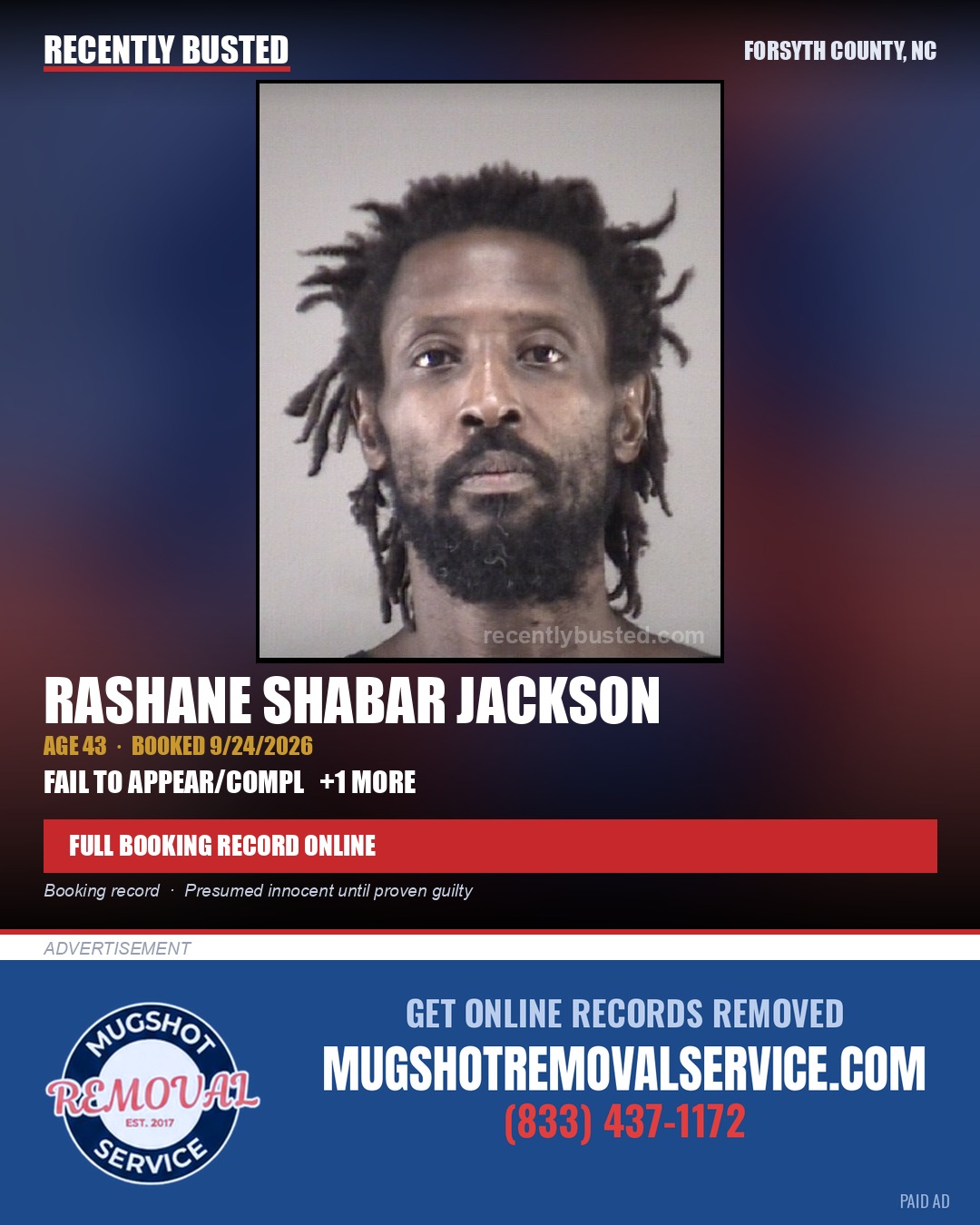 RASHANE SHABAR JACKSON — arrest record card, Forsyth County, North Carolina