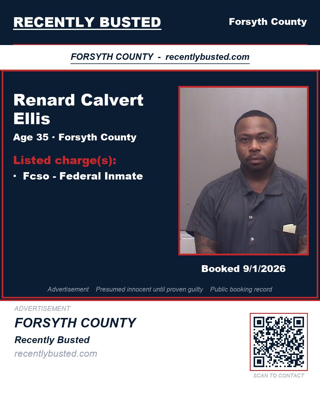 RENARD CALVERT ELLIS — arrest record card, Forsyth County, North Carolina