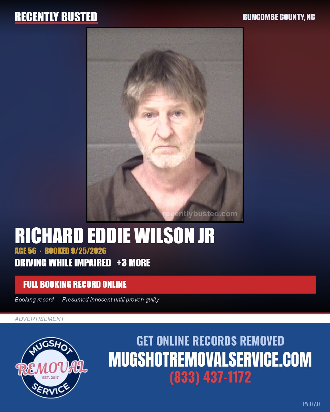 RICHARD EDDIE WILSON JR — arrest record card, Buncombe County, North Carolina