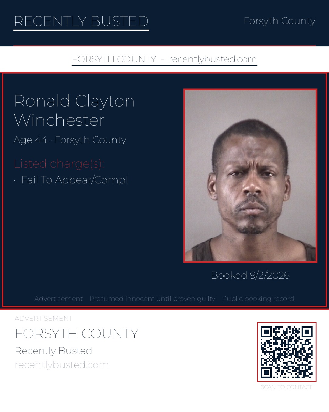 RONALD CLAYTON WINCHESTER — arrest record card, Forsyth County, North Carolina