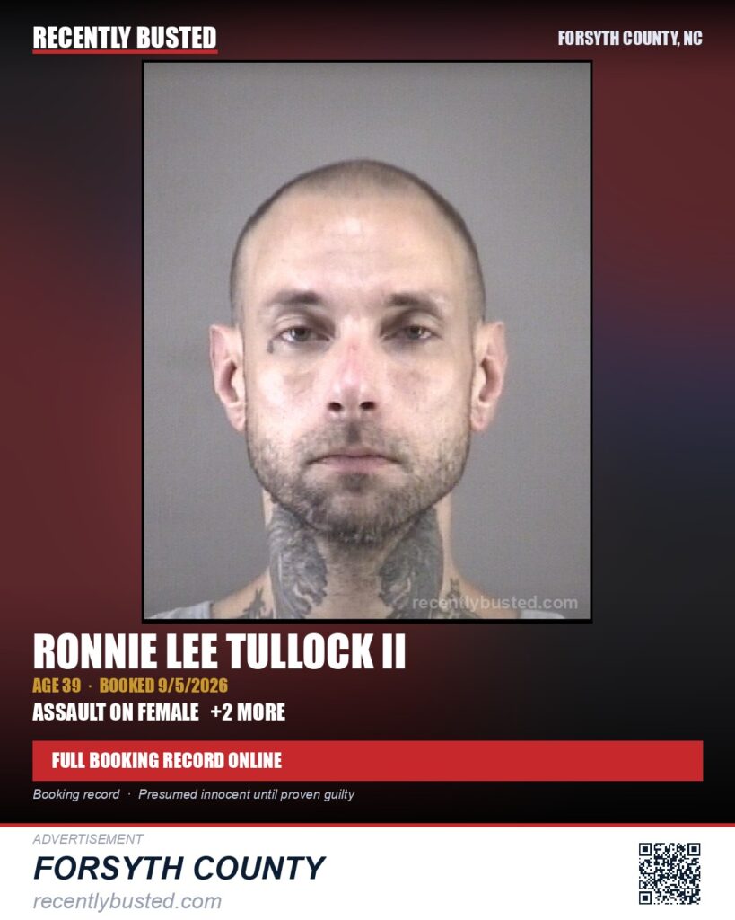 RONNIE LEE TULLOCK II — arrest record card, Forsyth County, North Carolina