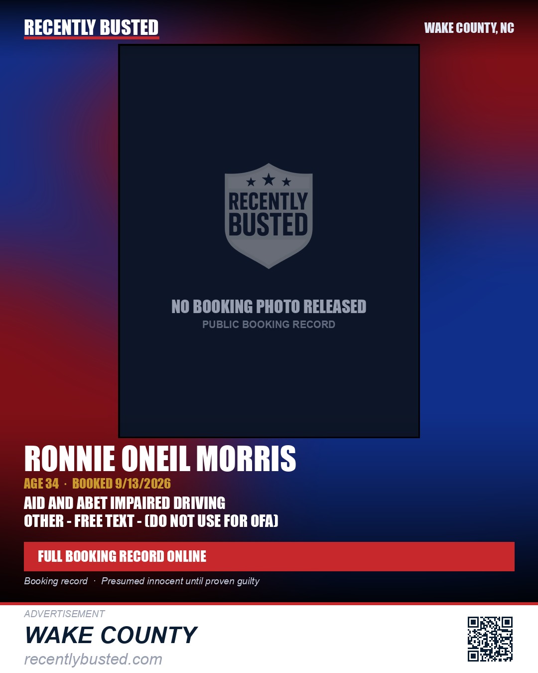 RONNIE ONEIL MORRIS — arrest record card, Wake County, North Carolina