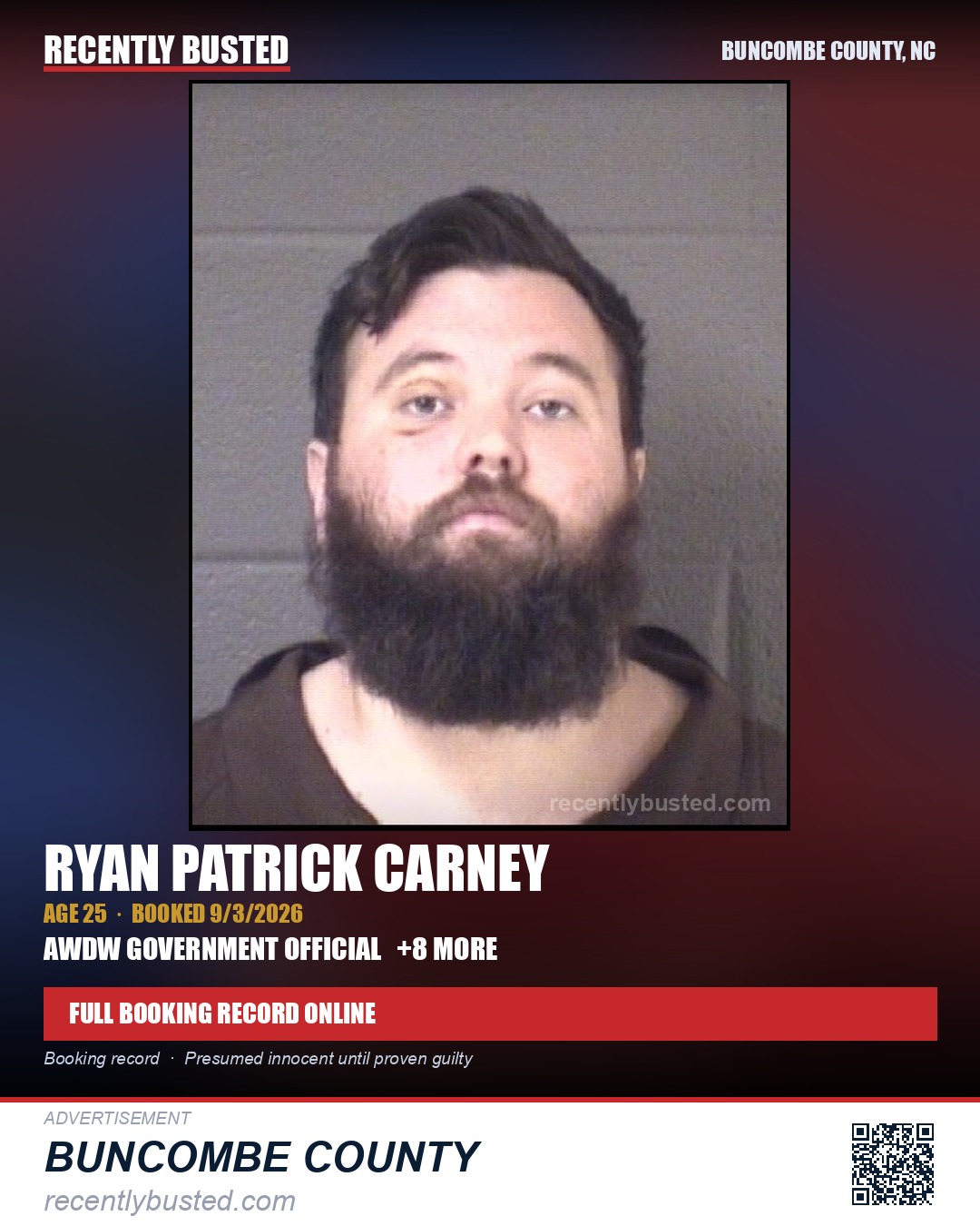 RYAN PATRICK CARNEY — arrest record card, Buncombe County, North Carolina