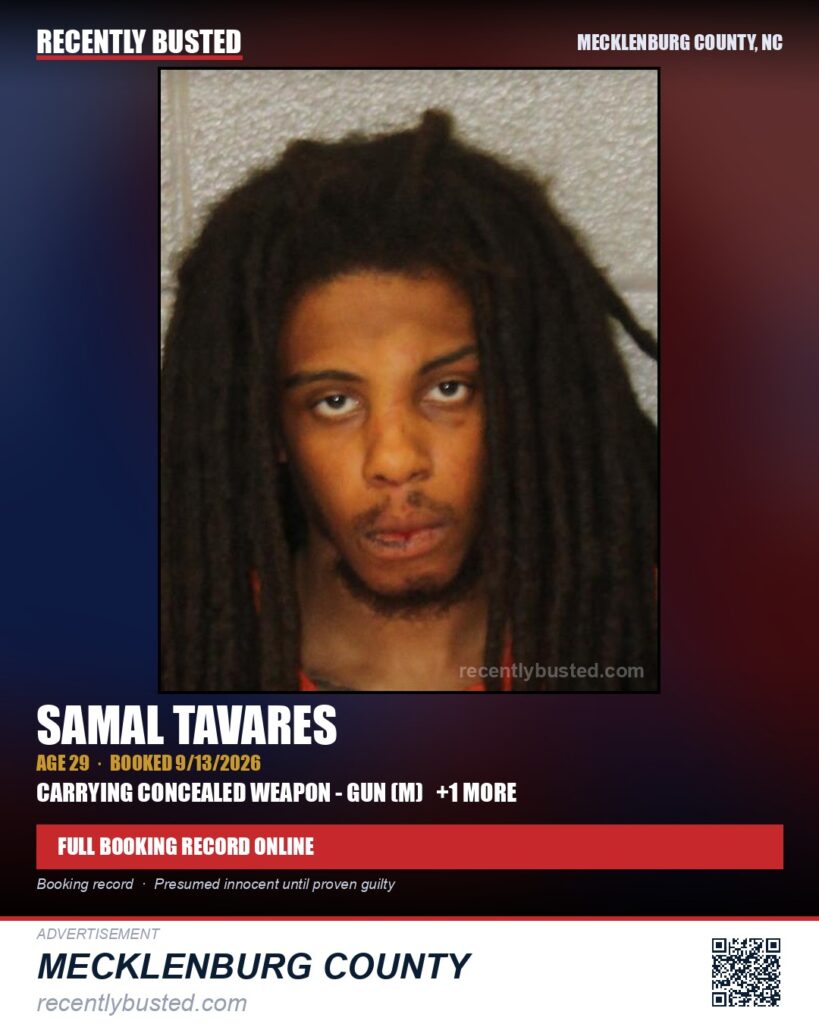 SAMAL TAVARES — arrest record card, Mecklenburg County, North Carolina