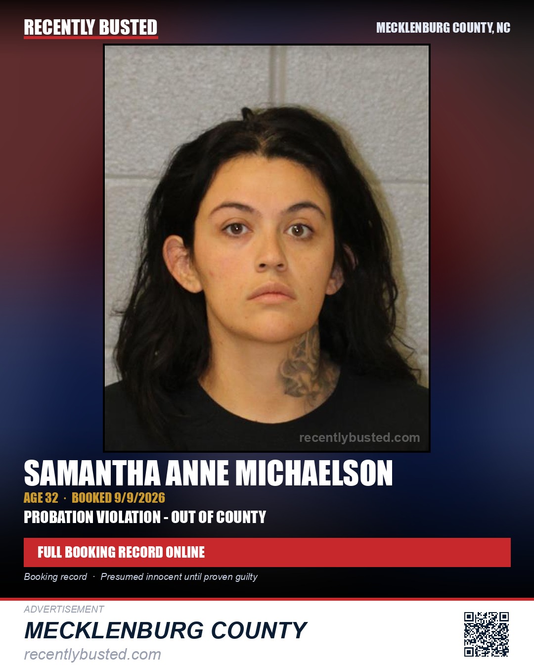 SAMANTHA ANNE MICHAELSON — arrest record card, Mecklenburg County, North Carolina