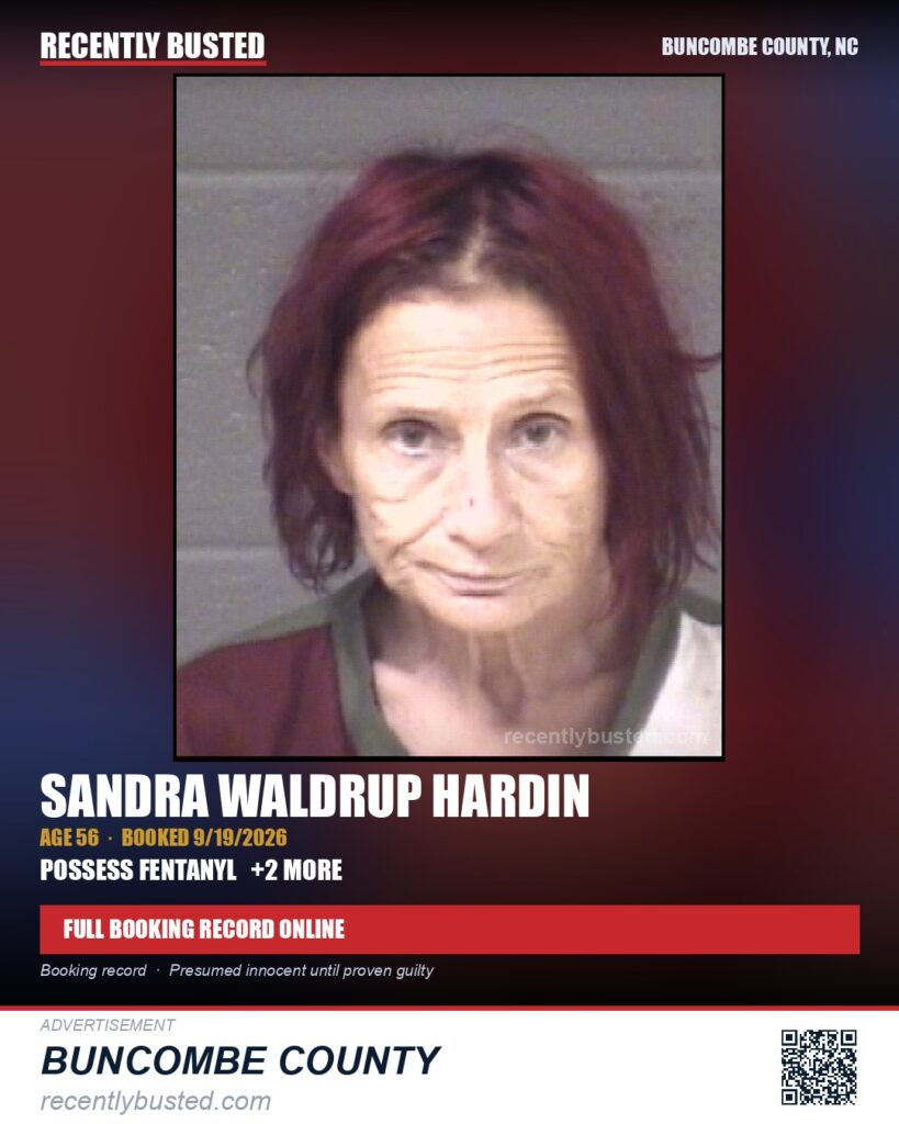 SANDRA WALDRUP HARDIN — arrest record card, Buncombe County, North Carolina