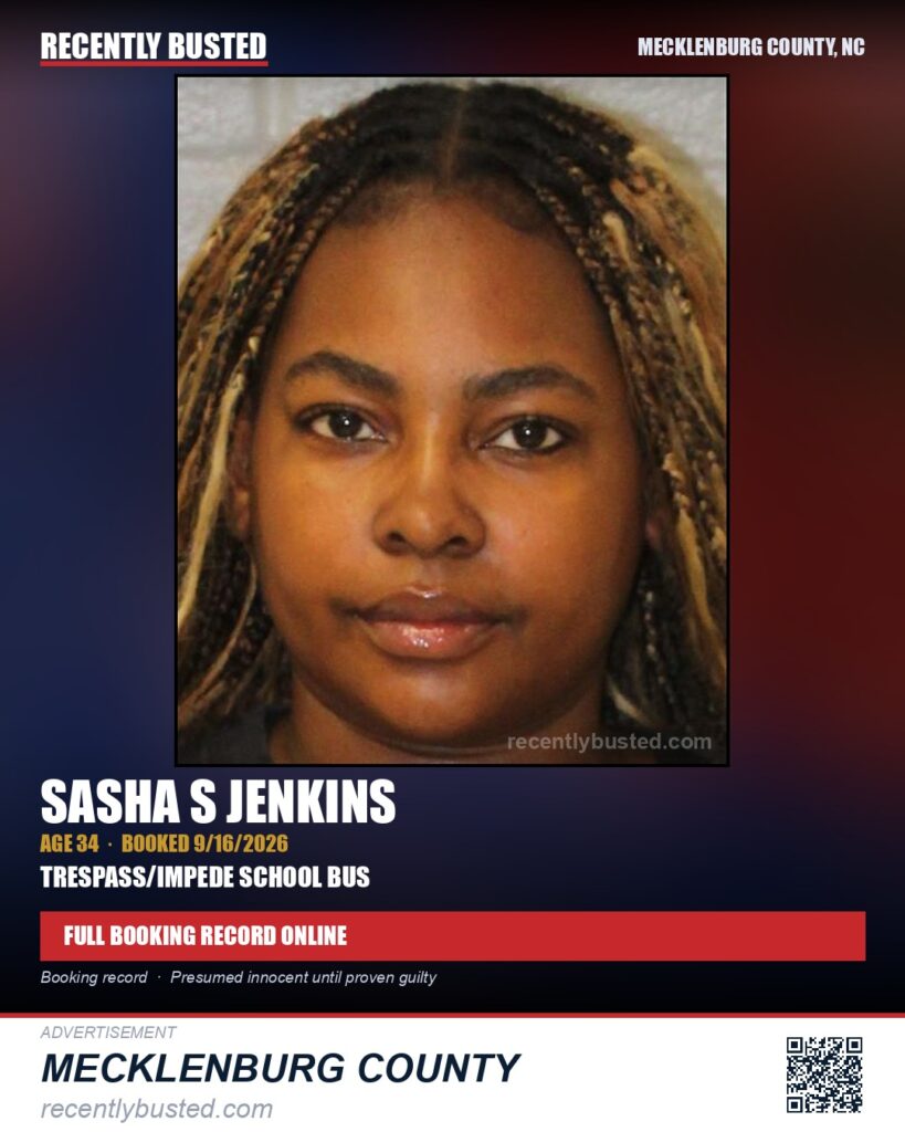 SASHA S JENKINS — arrest record card, Mecklenburg County, North Carolina