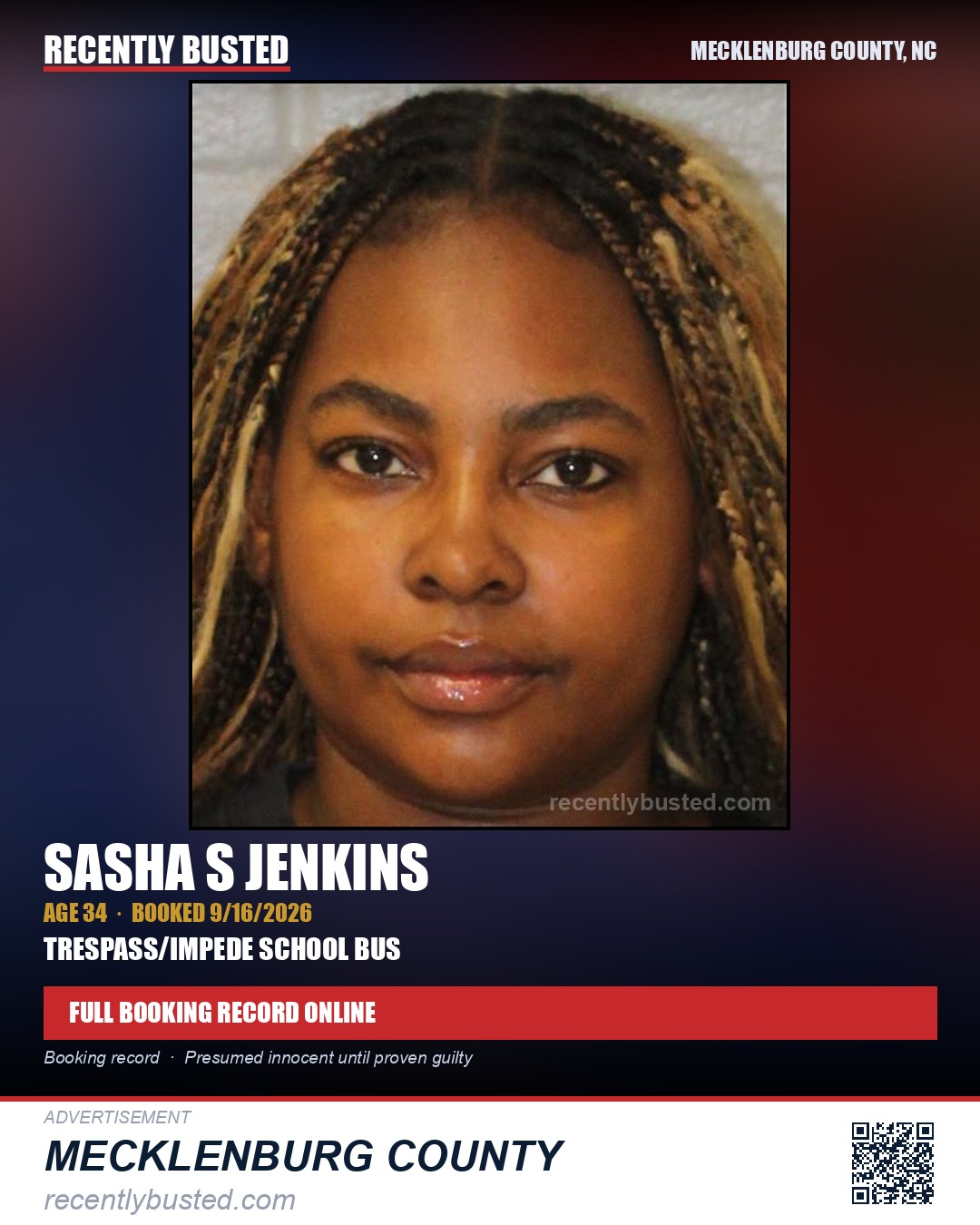 SASHA S JENKINS — arrest record card, Mecklenburg County, North Carolina