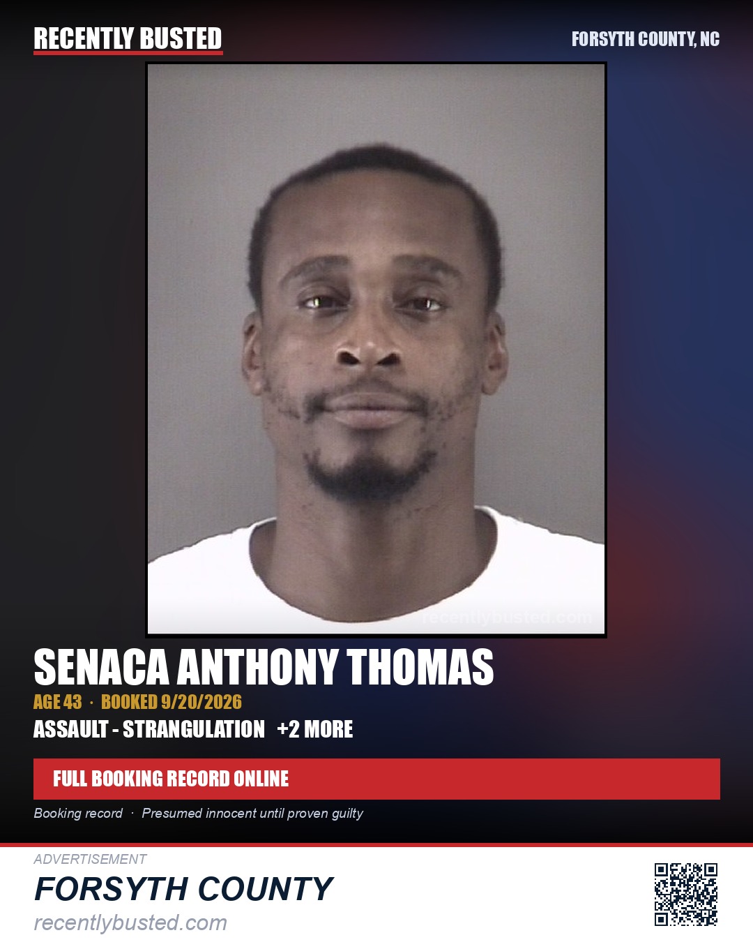 SENACA ANTHONY THOMAS — arrest record card, Forsyth County, North Carolina