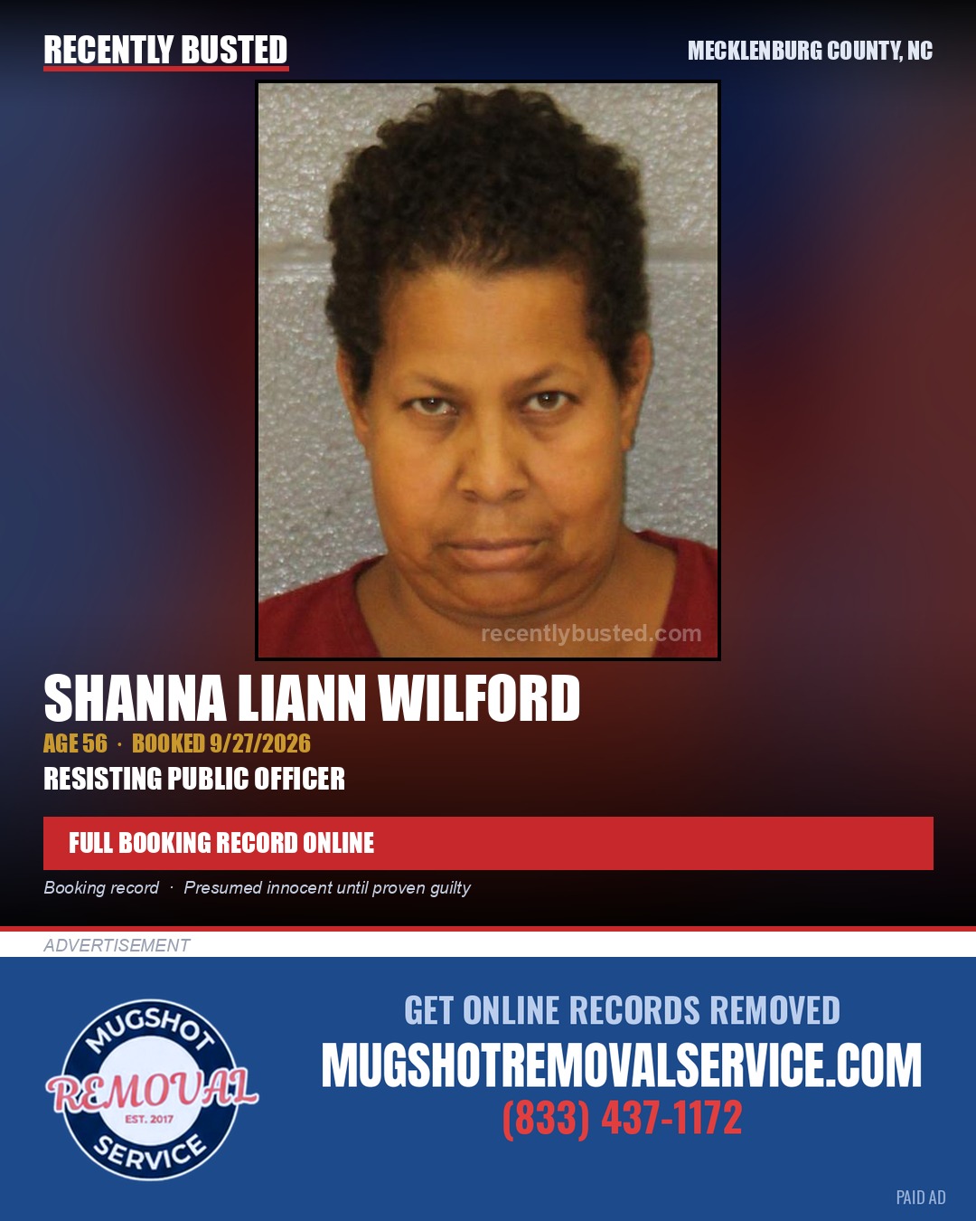 SHANNA LIANN WILFORD — arrest record card, Mecklenburg County, North Carolina