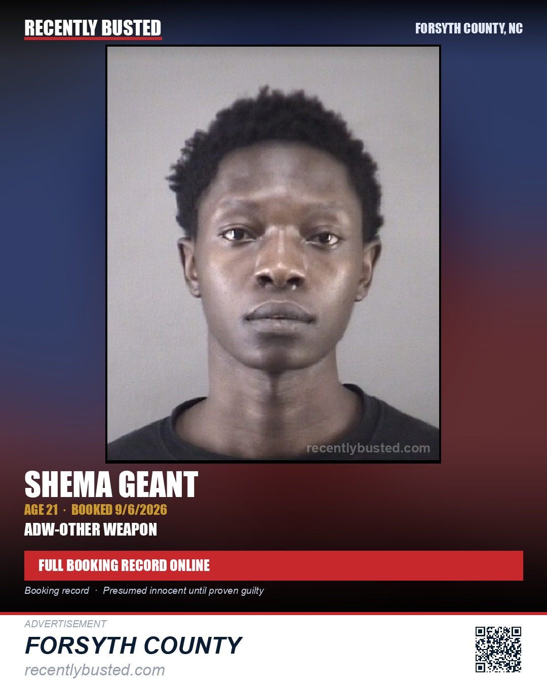 SHEMA GEANT — arrest record card, Forsyth County, North Carolina